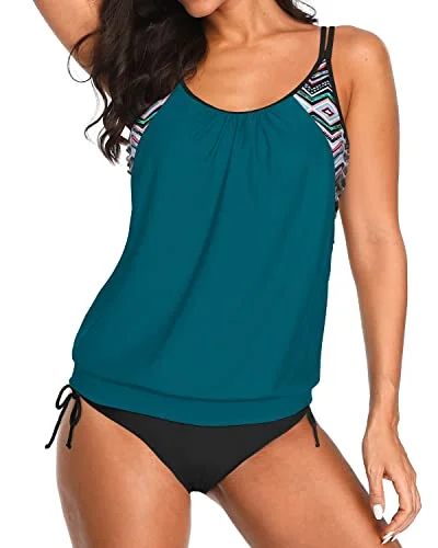 Online Only Women's Athletic Two Piece Bathing Suits 2 Piece Blouson Tankini-Teal