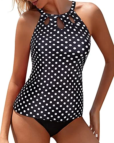 Anniversary Sale High Neck Halter Top & High Waisted Bottom Two Piece Tankini Swim Suit-Black Dot