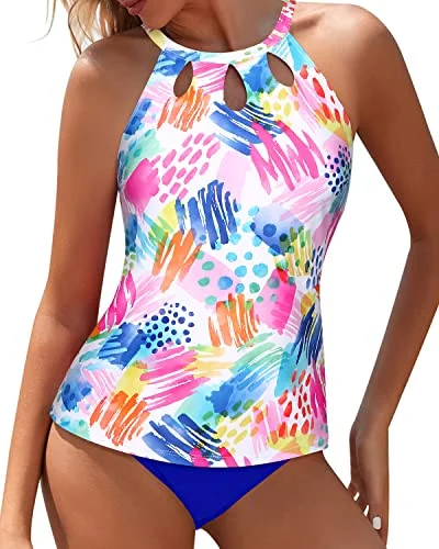 Stock Up and Save Trendy Swim Top & High Waisted Bottom Tummy Control Tankini Swim Suit-Colorful Watercolor
