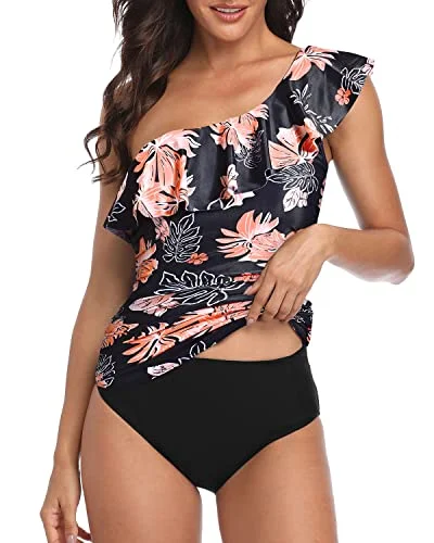 Deal Explosion Best Tummy Control Swimwear One Shoulder Tankini-Black Orange Floral