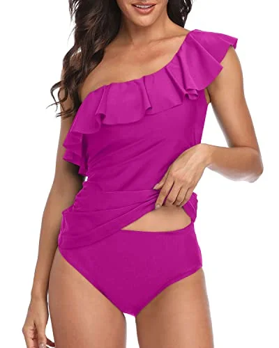 Hurry In One Shoulder Tankini Tummy Control Bathing Suits For Women-Hot Pink