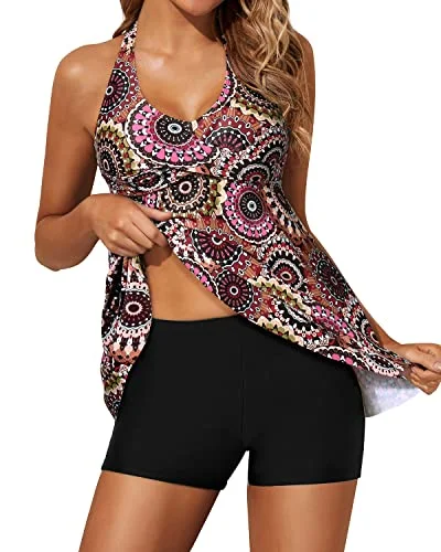 Seasonal Sale Halter V Neck Tankini Swimsuits For Women Shorts-Brown Print