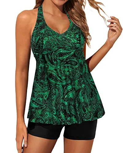 Weekend Deal Women's Strapless Tankini Swimsuit Adjustable Self-Tie And Open Back Detail-Green Paisley