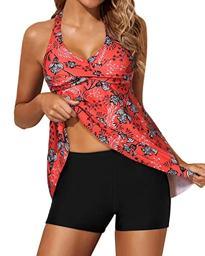 Price Rollback Flattering Twist Front Tankini Swimsuits For Women Shorts-Red Floral
