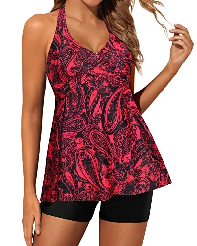 Amazing Deals Cute & Stylish Tankini Swimsuits For Women Shorts-Red Paisley
