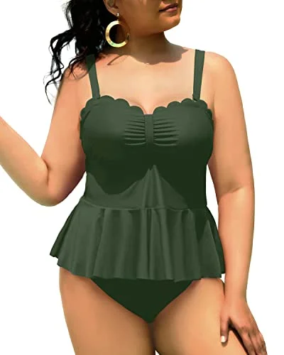 Best Seller Two Piece Black Swimsuits For Women Plus Size Ruffle Hem-Army Green