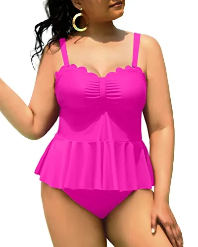 Steals and Deals Two Piece Peplum Swimwear For Women Plus Size Scalloped Swimsuits-Neon Pink