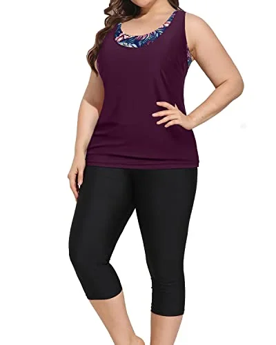 Price Drop 3 Piece Athletic Bathing Suits Tankini Tops For Women-Maroon Leaf