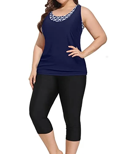 Hurry In Modest Plus Size Bathing Suits Tankini Tops & Swim Capris-Navy Blue
