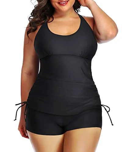 Daily Deals Women's Plus Size Tankini Swimsuit Bathing Suit Top Shorts Athletic Swimwear-Black
