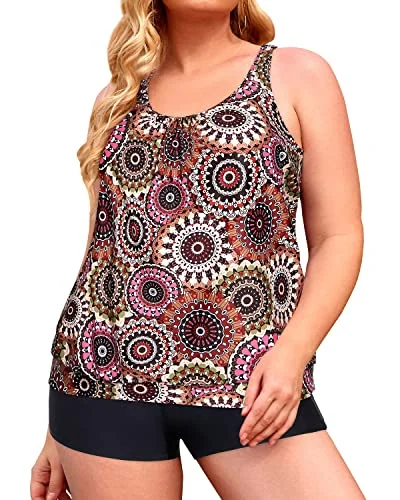 Low Prices High Waisted Plus Size Tankini Swimsuits For Women-Brown Print