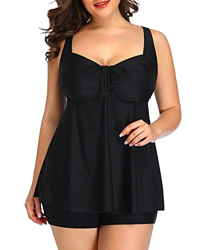 Early Bird Discount Push Up Padded Bra Plus Size Swimsuits Shorts For Women-Black