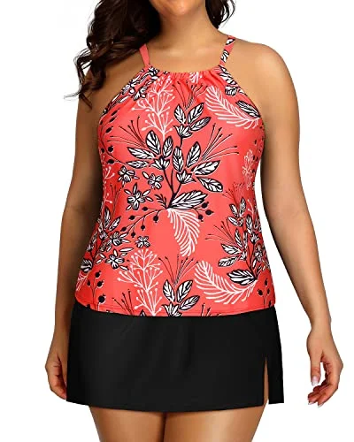 Extra Savings High Neck Plus Size Tankini Skirt Swimsuits For Women-Red Floral