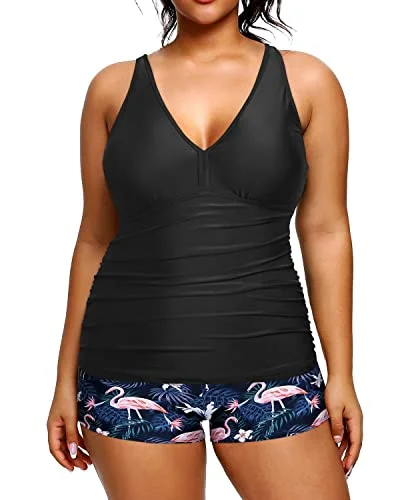 Act Now Modest Plus Size Tankini Shorts Swimwear For Women-Black Flamingo