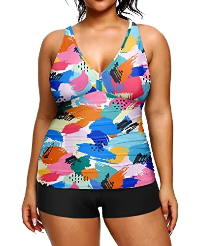 Price Slash Plus Size Tankini Shorts Tummy Control Bathing Suit-Color Block