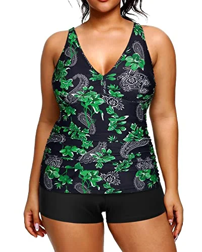Mega Sale Athletic Plus Size Tankini Shorts Tummy Control Two Piece Swimsuits-Green Paisley