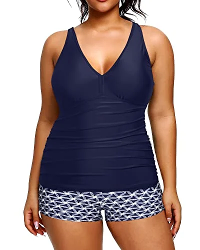 Don't Wait Two Piece Plus Size Tankini Swimwear Shorts Tummy Control Bathing Suits-Navy Blue Tribal