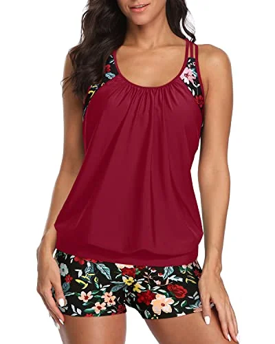 Stock Clearance Ladies Sporty T-Back Tankini Swimwear Tummy Control Boy Shorts-Red Floral