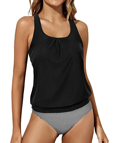 Special Offer Two Piece Tummy Control Racerback Tank Tops Bottoms Blouson Swimwear-Black Stripe