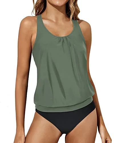 Super Bargain Blouson Two Piece Tankini Swimsuits Women Tummy Control Bathing Suits-Olive Green
