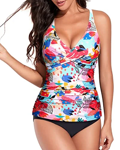 Closeout Twist Front Cross Back Two Piece Tankini Bathing Suits For Women-Colorful Leaves