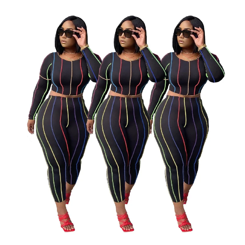 Steals and Deals 2 Piece Outfits for Women Sexy Bodycon Long Sleeve Crop Tops Stripe Long Pants Sets Print Tracksuits Jumpsuits