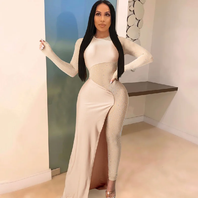 Great Bargains Asymmetrical Sheer Mesh Panel Crew Neck Long Sleeve Rhinestone Jumpsuit Great Bargains Asymmetrical Sheer Mesh Panel Crew Neck Long Sleeve Rhinestone Jumpsuit