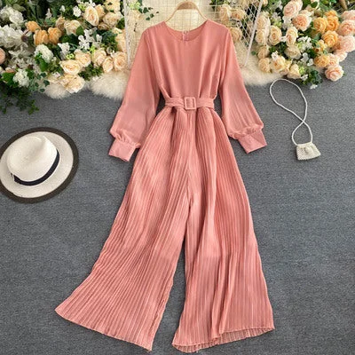 YEAR-End Clearance Autumn and winter new style solid color temperament round neck long-sleeved waist belt thinner pleated wide-leg jumpsuit YEAR-End Clearance Autumn and winter new style solid color temperament round neck long-sleeved waist belt thinner pleated wide-leg jumpsuit