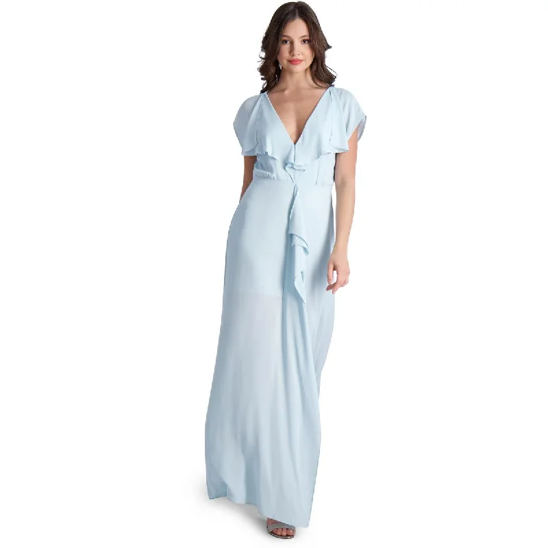 Buy Now BCBGMAXAZRIA Evette Women’s Ruffled Chiffon V-Neck Gown with Front Slit