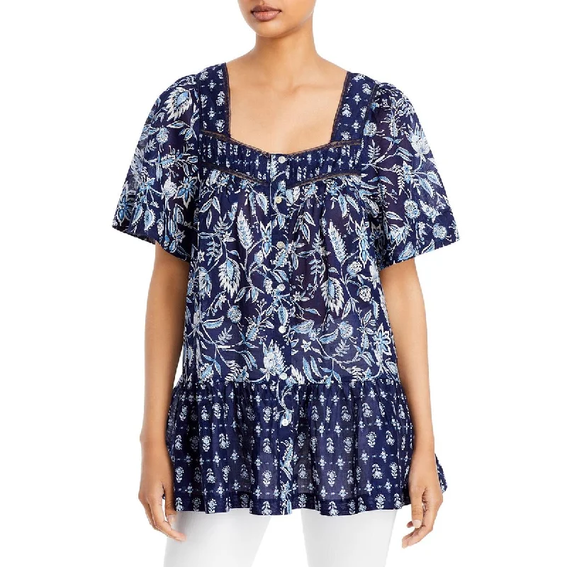 Act Fast Beach Lunch Lounge Womens Nica Square Neck Printed Button-Down Top