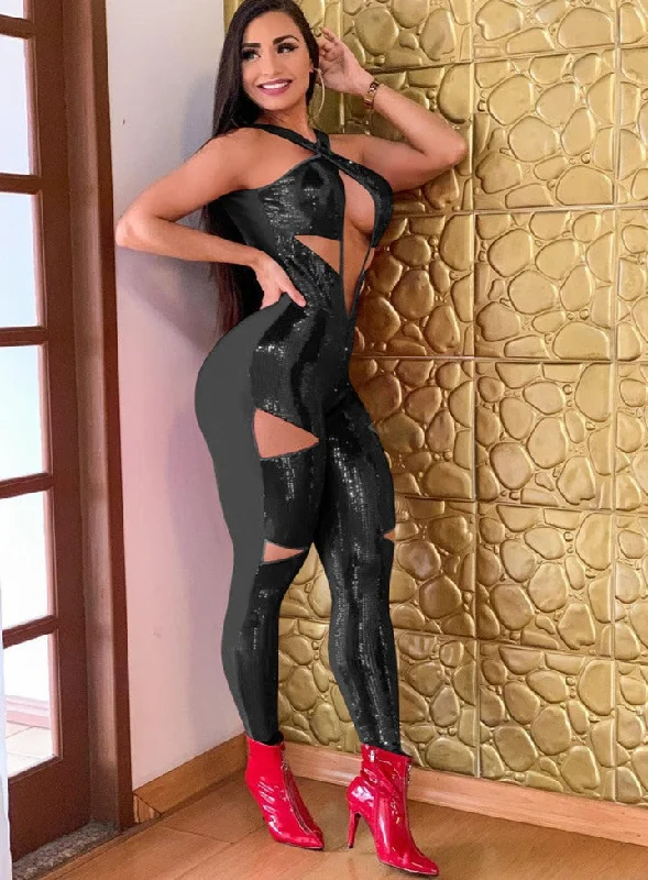 Price Buster Black Hollow Out Sequin Jumpsuit