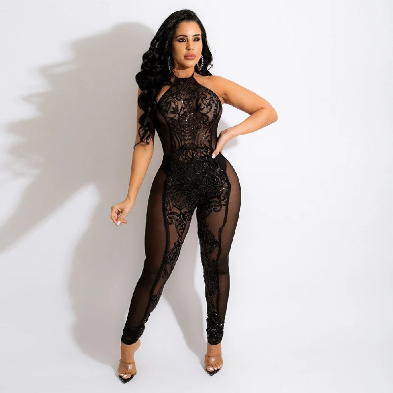 Year-End Sale Black Mesh Sequin Halter Backless Jumpsuit
