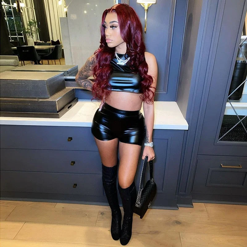 Overstock Sale Black PU Leather Open Back Crop & Shorts Set