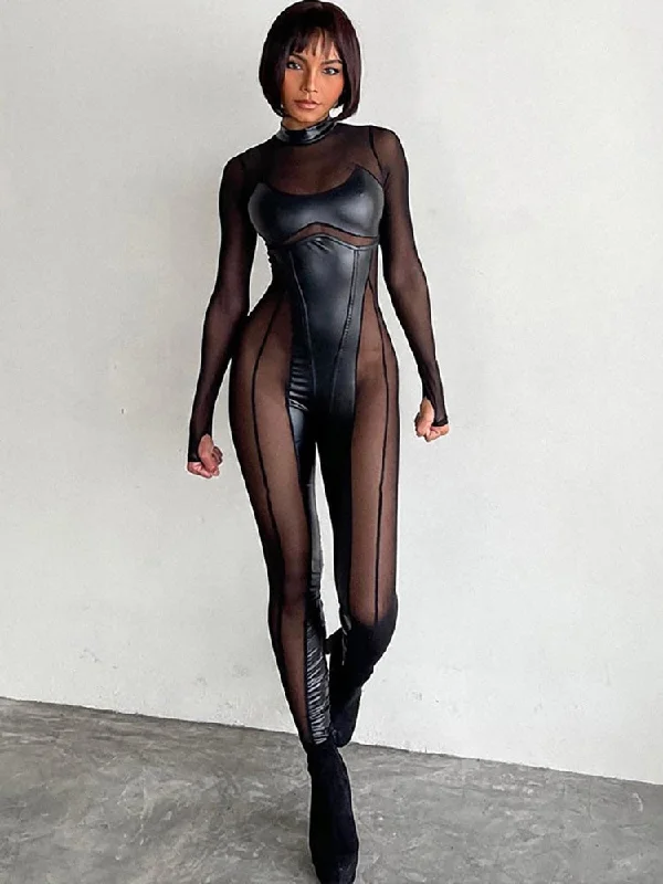 Weekend Special Black Pu Mesh Jumpsuits