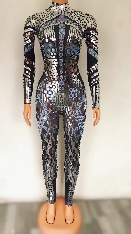 New Deals Black Silver Mesh Mirror Jumpsuit