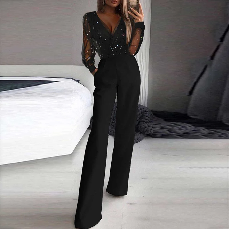 Quick Sale Black V-Neck Mesh Long Sleeve Sequins Jumpsuit