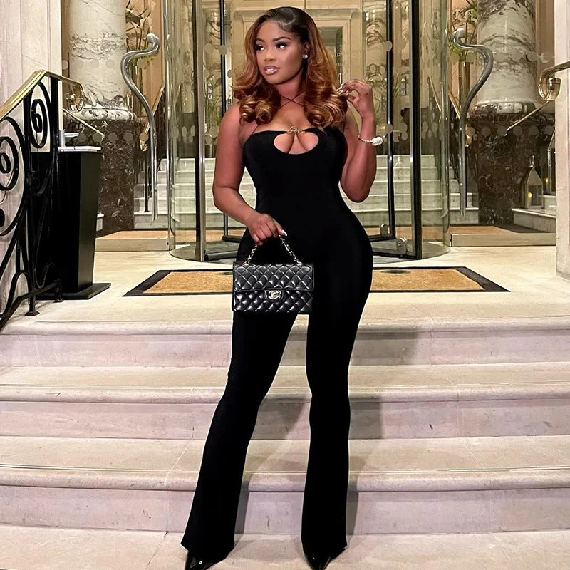 Special Buy C1418 Autumn 2022 solid halter hollow out tight hip workout flare jumpsuits for women Special Buy C1418 Autumn 2022 solid halter hollow out tight hip workout flare jumpsuits for women