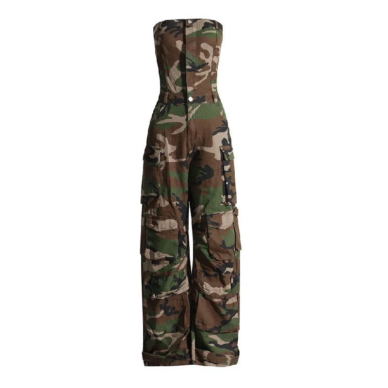 Midnight Madness Camouflage Print Button Front Cargo Pocket Strapless Wide Leg Denim Jumpsuit Midnight Madness Camouflage Print Button Front Cargo Pocket Strapless Wide Leg Denim Jumpsuit