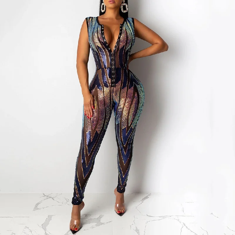 Seasonal Clearance Colorful Pattern Sequin Jumpsuit