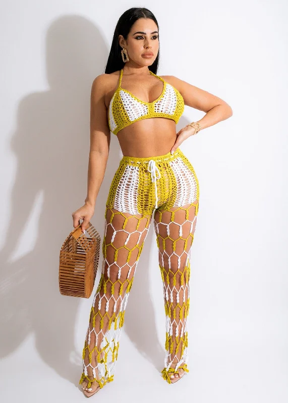 Super Deal Crochet Knit Rib Lace Up Bra Crop Top + Fishnet Pants