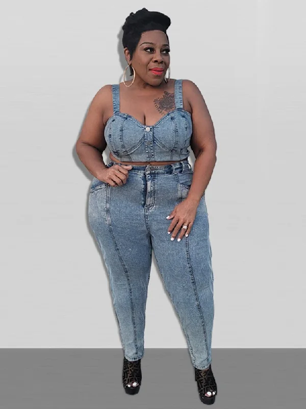 Price Buster Denim Crop Top & Pants Sets Plus Size