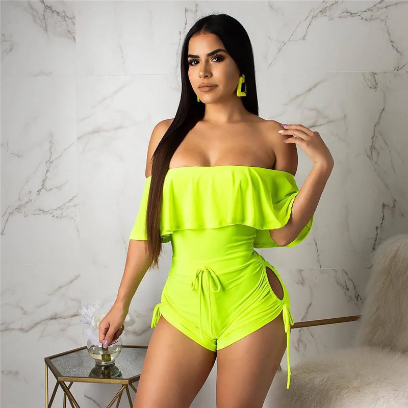 Super Sale Drape Ruffle Off Shoulder Hollow Side Rompers