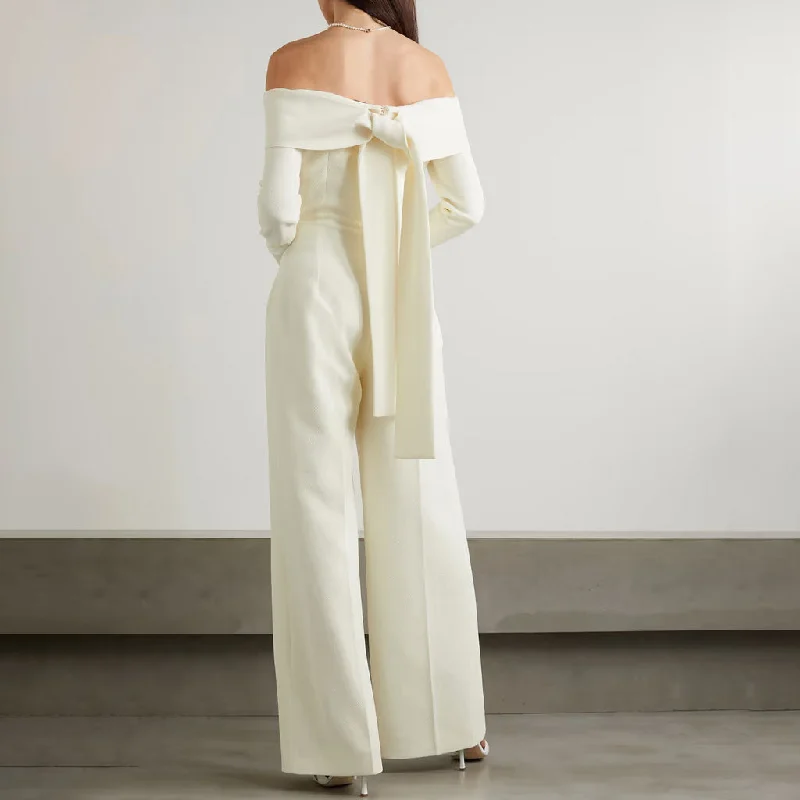 Low Prices Elegant Folded Off Shoulder Bow Tie Back Long Sleeve Wide Leg Crepe Jumpsuit Low Prices Elegant Folded Off Shoulder Bow Tie Back Long Sleeve Wide Leg Crepe Jumpsuit