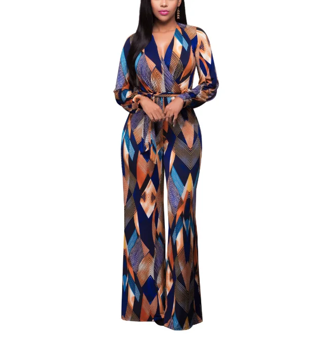 Overstock Fashion Autumn Elegant V Neck Loose Print Sashes Casual Women Jumpsuit