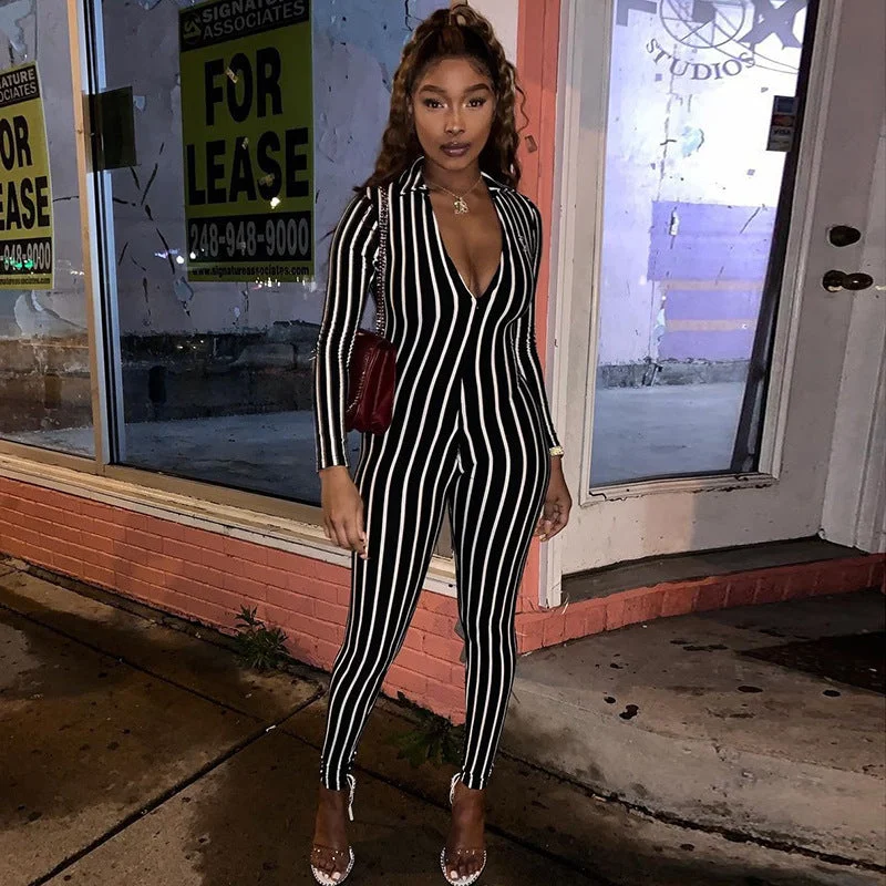 Early Access Fashion Long Sleeve Stripe Jumpsuit For Women Romper Skinny Contrast Zipper Bodycon One Piece Set Early Access Fashion Long Sleeve Stripe Jumpsuit For Women Romper Skinny Contrast Zipper Bodycon One Piece Set