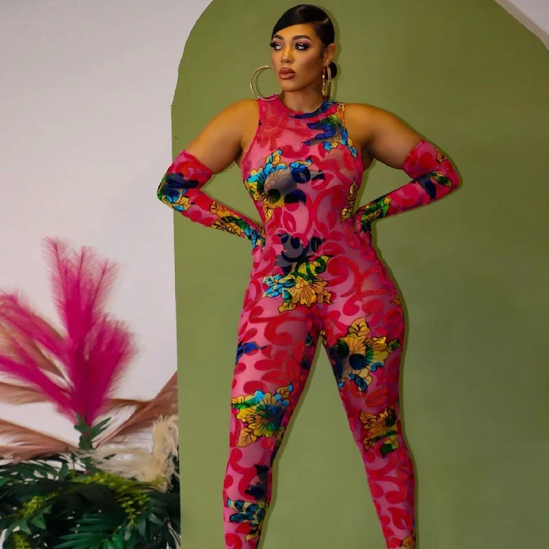 Online Only Floral Bodycon Jumpsuit with Gloves
