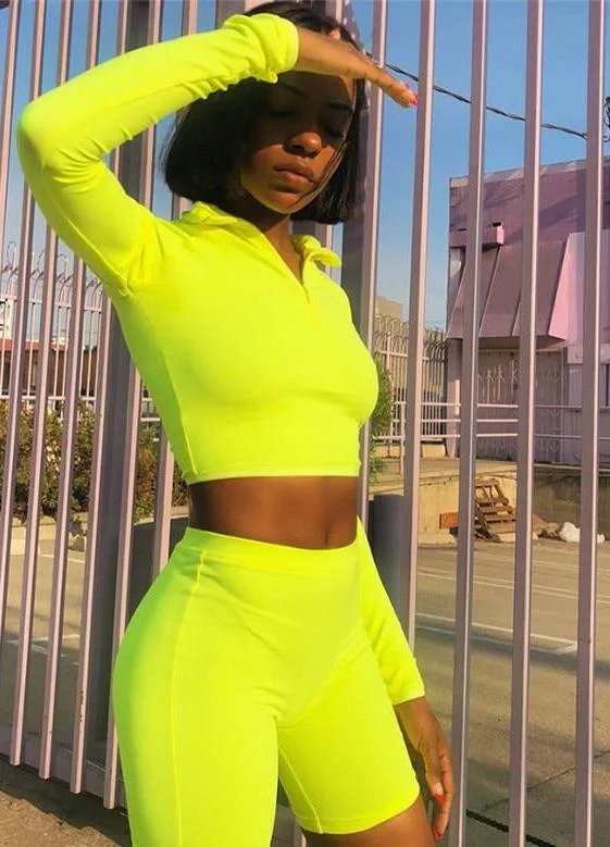 Bargain Blast Fluorescence Long Sleeve Zipper Turtleneck Top And High Waist Shorts Sets