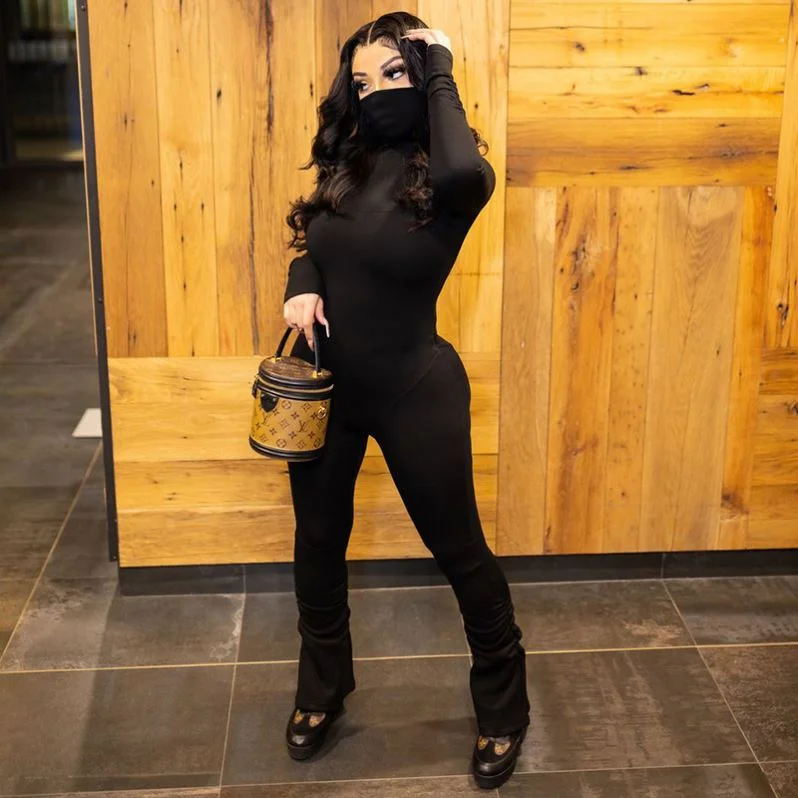 Now or Never KC New tight turtleneck pearl buckle long sleeve jumpsuit for women