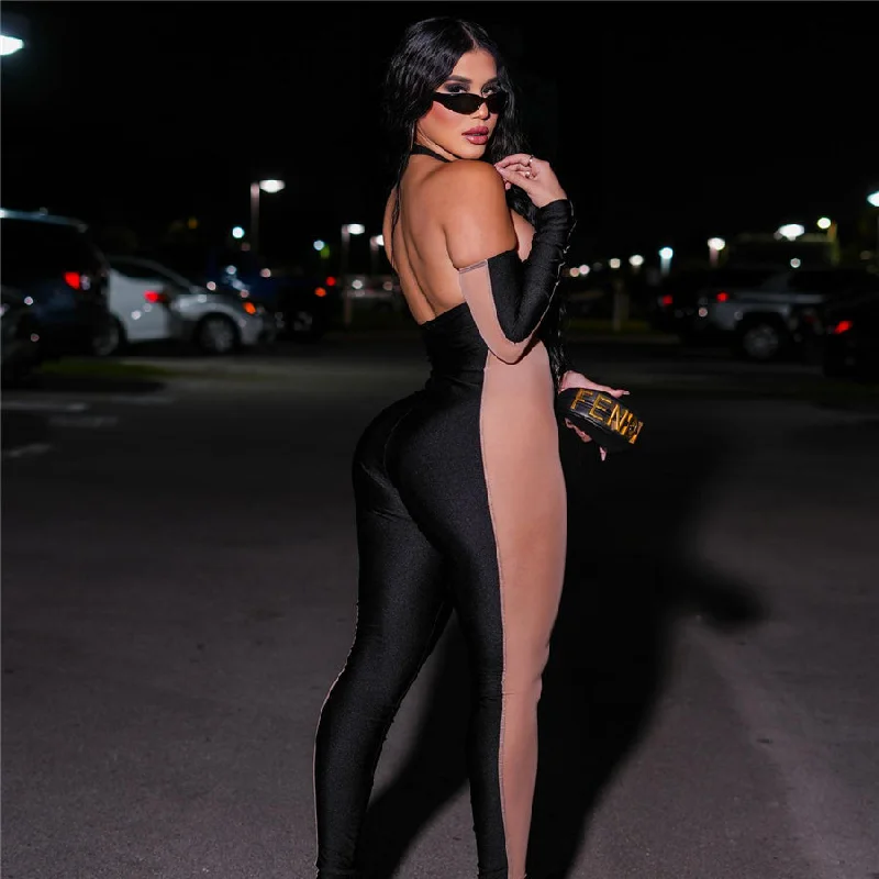 Amazing Deals Kliou K22S23975 see through tight fit ladies jumpsuits removable sleeve bodycon sexy mesh jumpsuit
