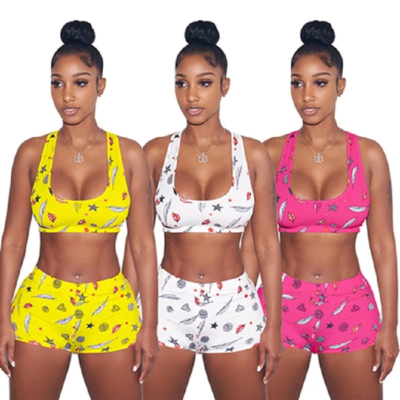 Online Exclusive Leaf Print Tank Crop Top+Bodycon Shorts Sets